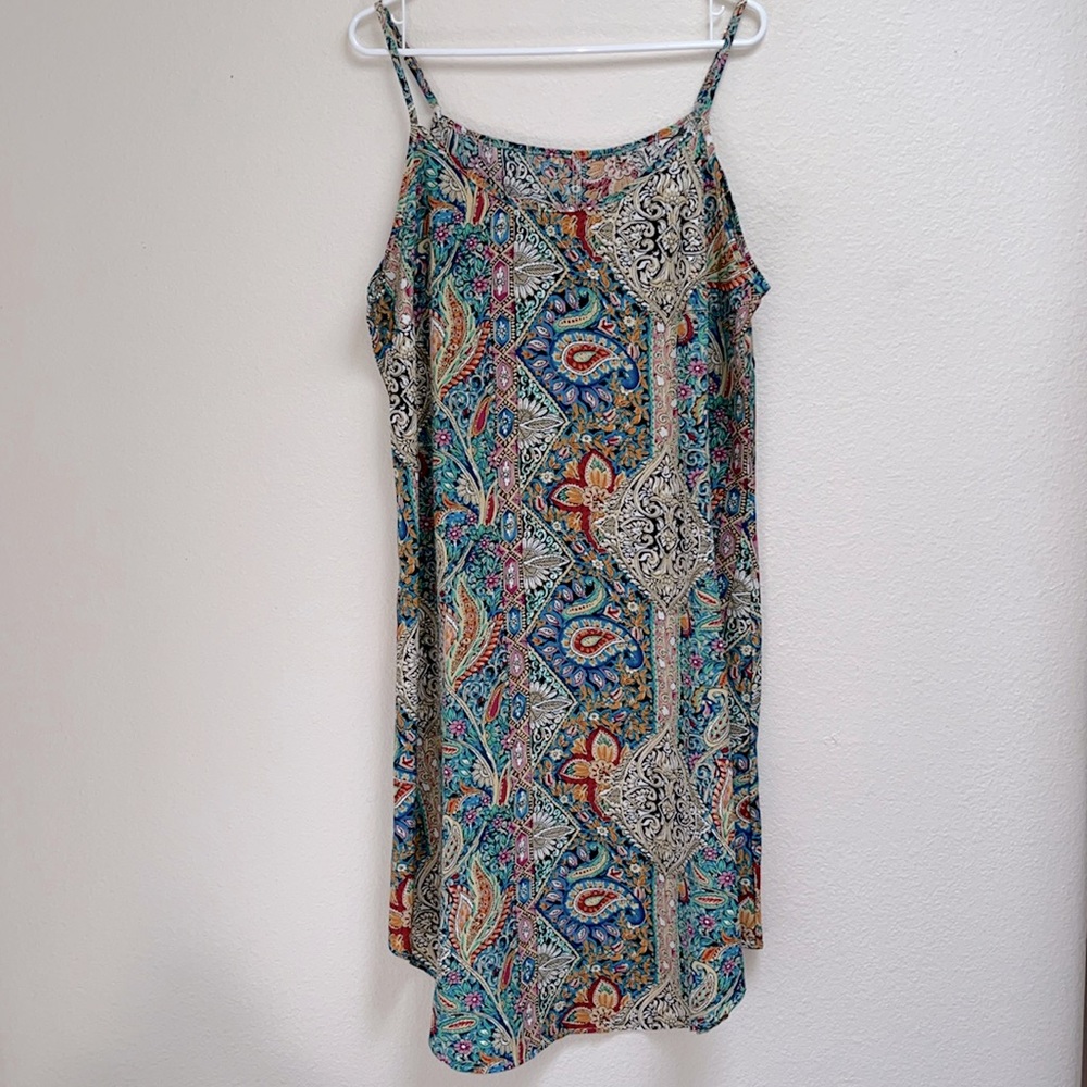 SHEIN Curve 1XL Paisley Floral Colorful Slip On Sun Dress, Flowy Bohemian NWOT